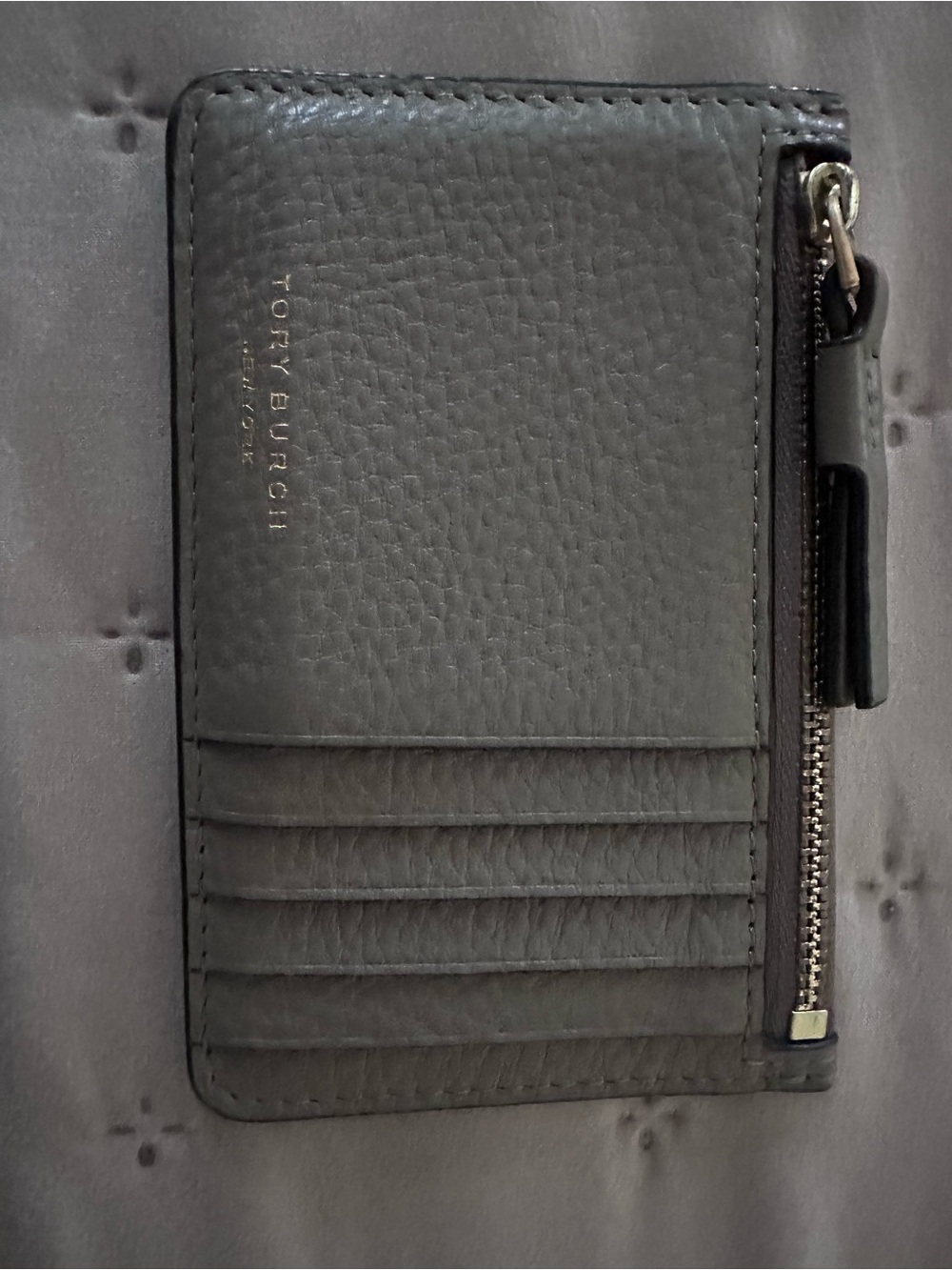 Tory Burch Black Pebbled Leather Card Case with Zip Pocket